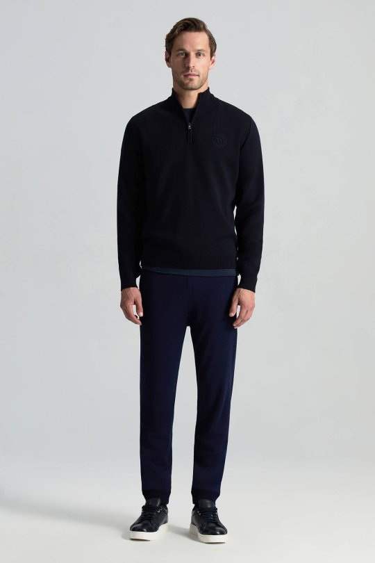 Lacivert Fermuarlı Merino Yün Activewear Triko