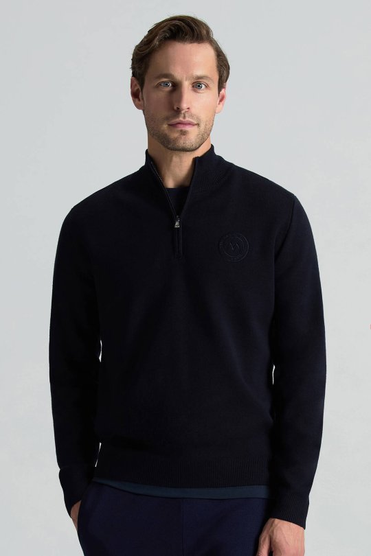 Lacivert Fermuarlı Merino Yün Activewear Triko