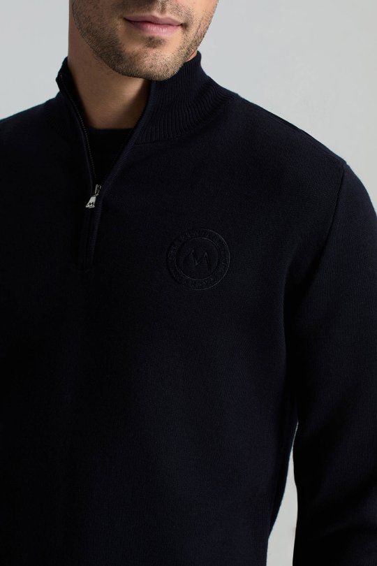 Lacivert Fermuarlı Merino Yün Activewear Triko