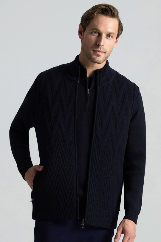 Lacivert Fermuarlı Merino Yün Activewear Triko