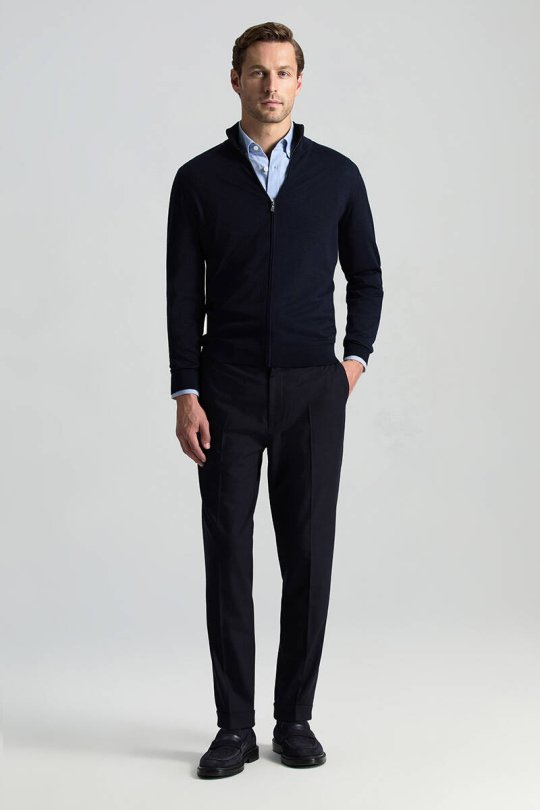 Extrafine Merino Fermuarlı Lacivert Triko Hırka