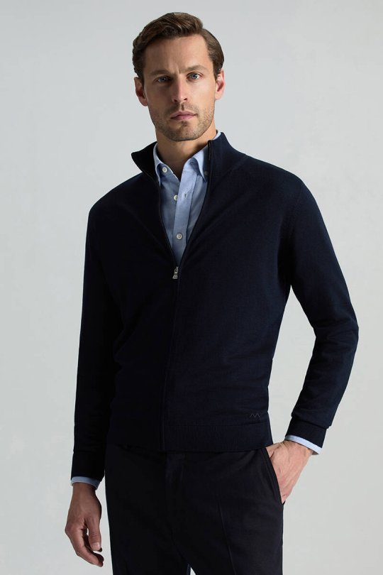 Extrafine Merino Fermuarlı Lacivert Triko Hırka