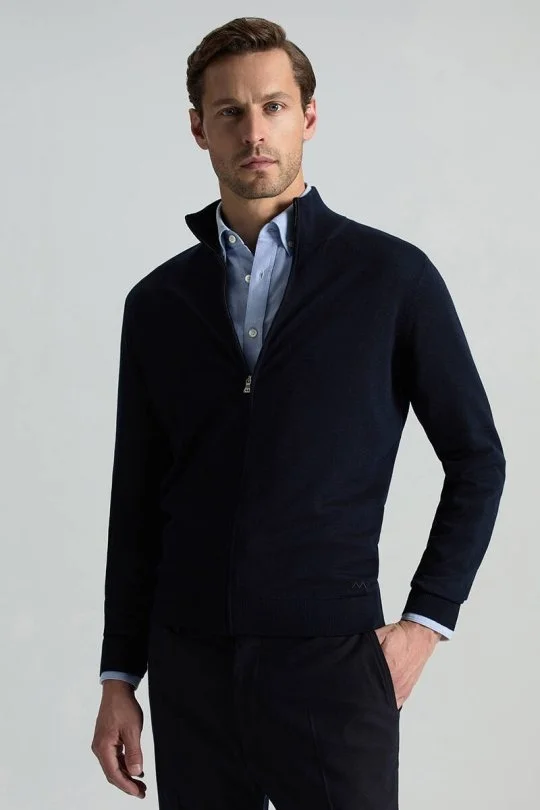 Hemington - Extrafine Merino Fermuarlı Lacivert Triko Hırka