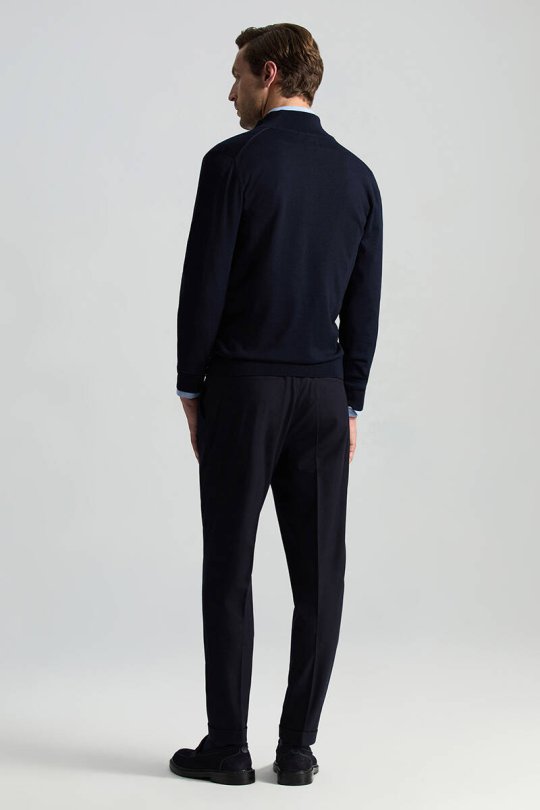 Extrafine Merino Fermuarlı Lacivert Triko Hırka