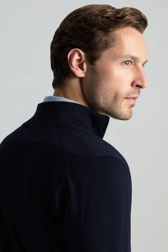 Extrafine Merino Fermuarlı Lacivert Triko Hırka