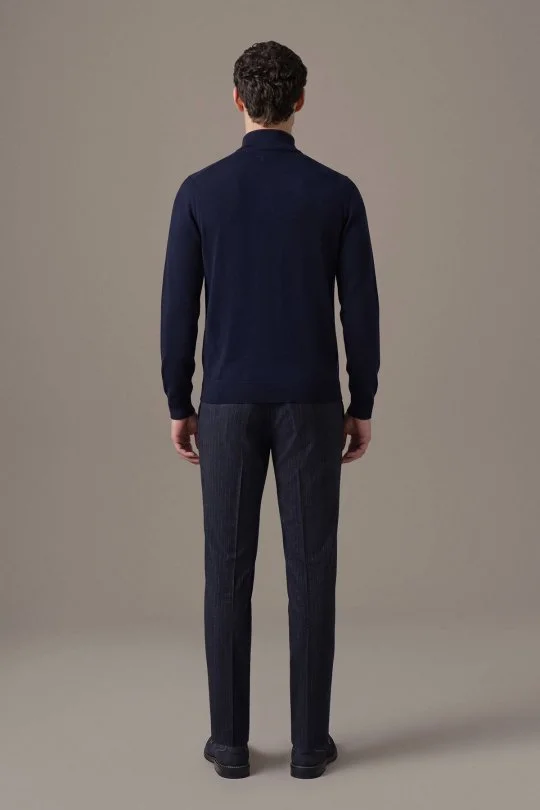 Extrafine Merino Fermuarlı Lacivert Triko Hırka