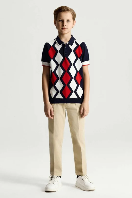 Hemington - Lacivert Kırmızı Baklava Desen Çocuk Triko Polo (2)