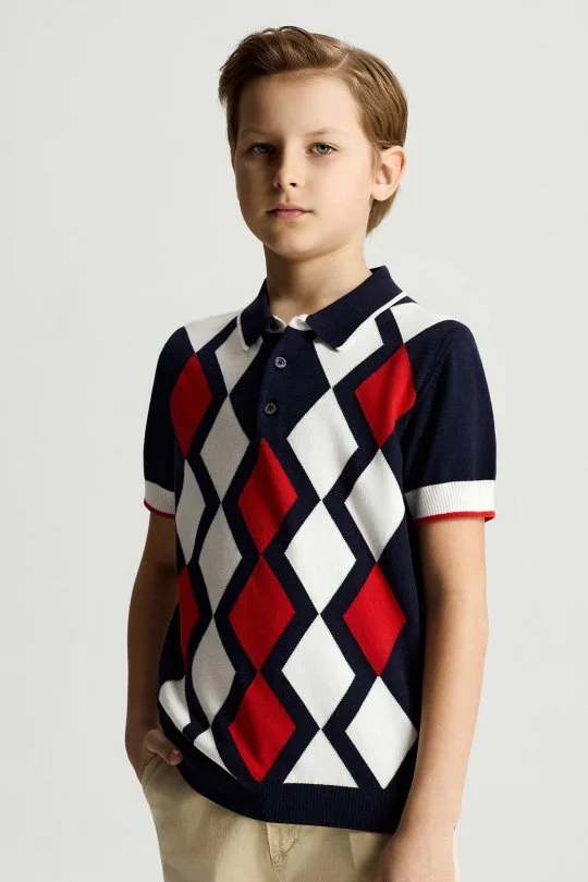 Hemington - Lacivert Kırmızı Baklava Desen Çocuk Triko Polo (1)