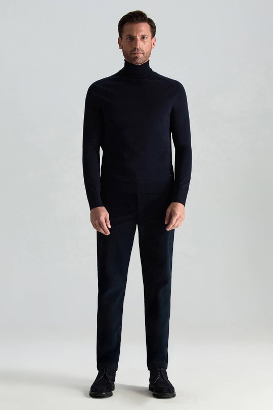 Boğazlı Slim Fit Lacivert Merino Yün Triko