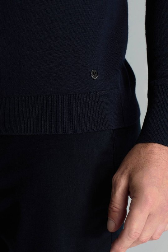 Boğazlı Slim Fit Lacivert Merino Yün Triko