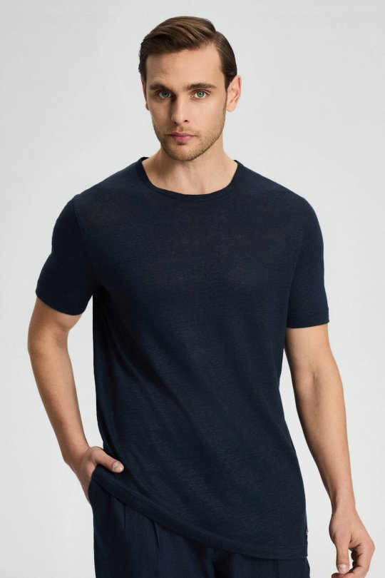 Saf Keten Lacivert Bisiklet Yaka T-Shirt