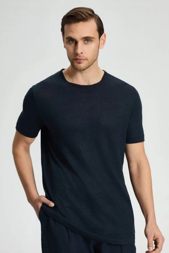 Hemington - Saf Keten Lacivert Bisiklet Yaka T-Shirt