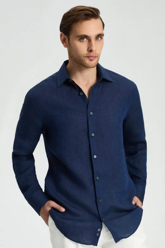 Hemington - Lacivert Saf Keten Spor Gömlek (1)