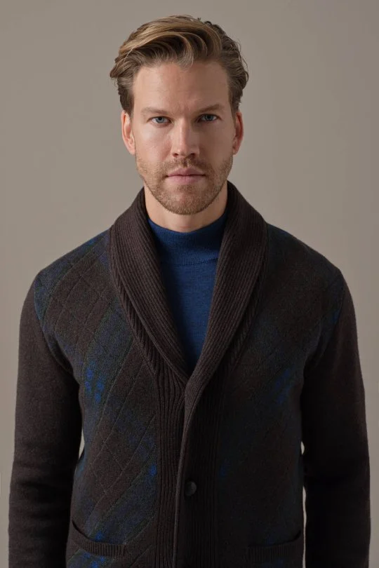 Lambswool Merino Yün Tartan Desen Kahverengi Triko Hırka