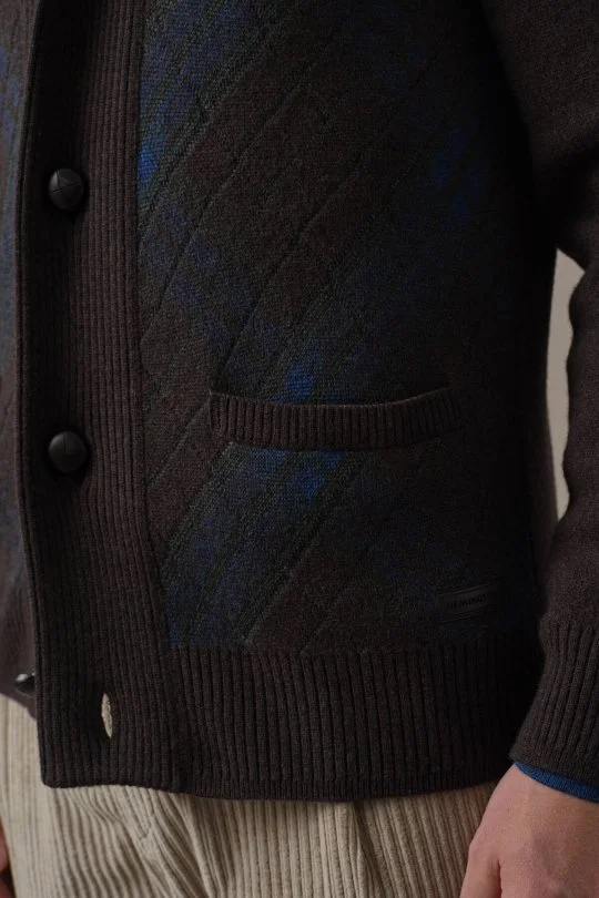 Lambswool Merino Yün Tartan Desen Kahverengi Triko Hırka