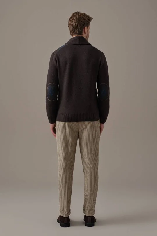 Lambswool Merino Yün Tartan Desen Kahverengi Triko Hırka