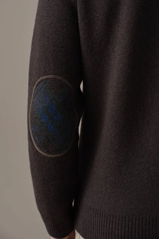 Lambswool Merino Yün Tartan Desen Kahverengi Triko Hırka