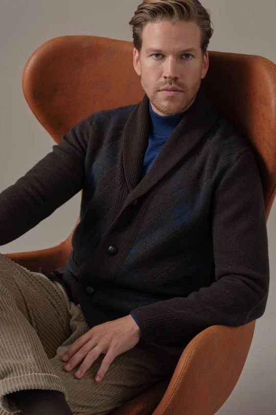 Lambswool Merino Yün Tartan Desen Kahverengi Triko Hırka