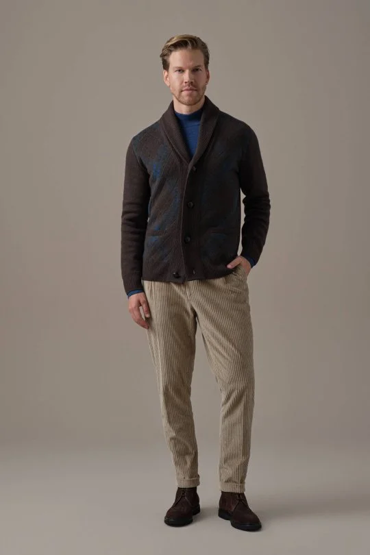 Lambswool Merino Yün Tartan Desen Kahverengi Triko Hırka