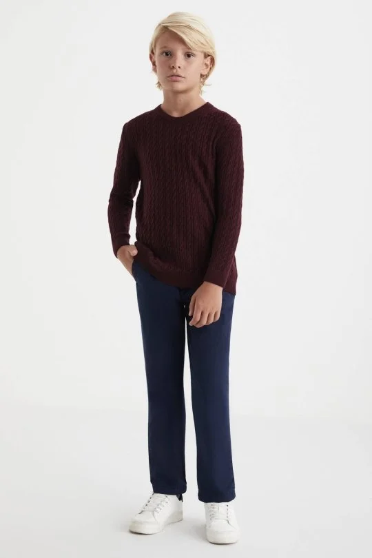 Hemington - Saç Örgü Desen Lambswool Bordo Çocuk Kazak (1)