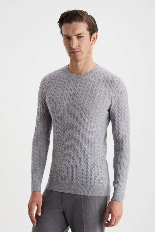 Hemington - Saç Örgü Desen Lambswool Açık Gri Kazak (1)