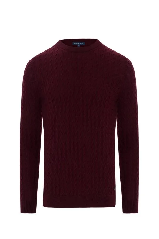 Hemington - Saç Örgü Desen Lambswool Bordo Kazak (6)