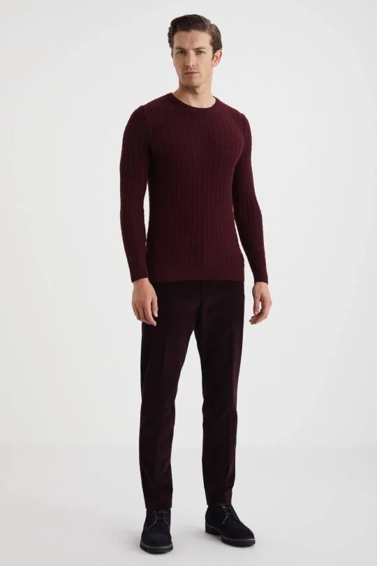 Hemington - Saç Örgü Desen Lambswool Bordo Kazak (1)