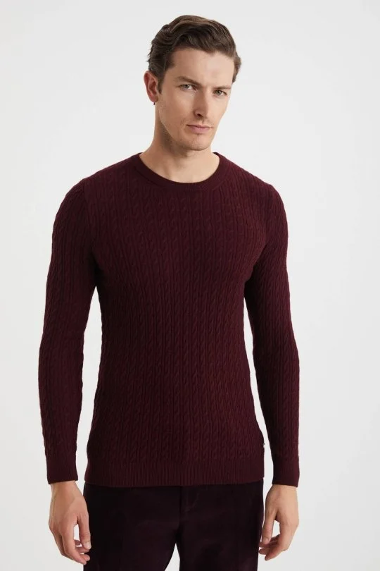 Hemington - Saç Örgü Desenli Lambswool Bordo Kazak