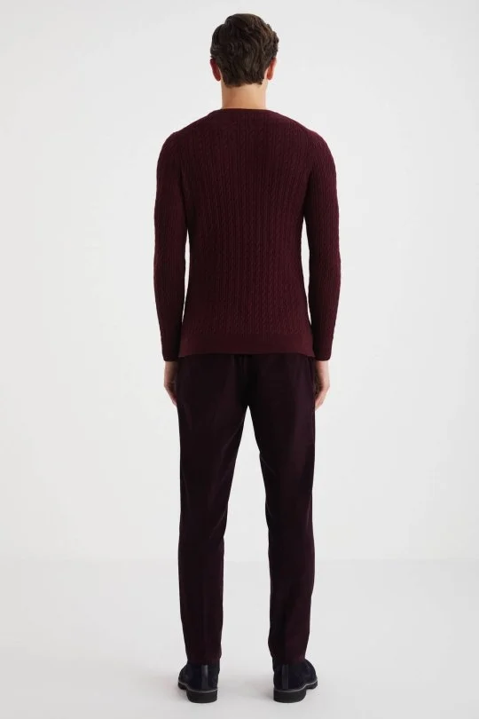 Hemington - Saç Örgü Desen Lambswool Bordo Kazak (4)