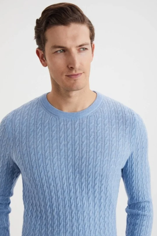 Hemington - Saç Örgü Desen Lambswool Buz Mavisi Kazak (3)