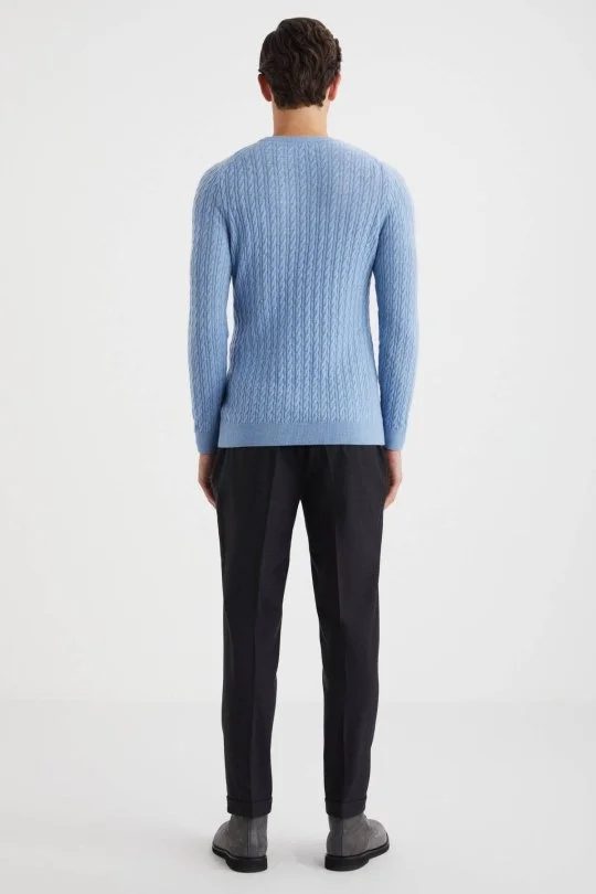 Hemington - Saç Örgü Desen Lambswool Buz Mavisi Kazak (4)