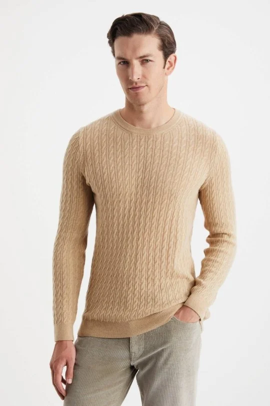 Hemington - Saç Örgü Desen Lambswool Camel Kazak