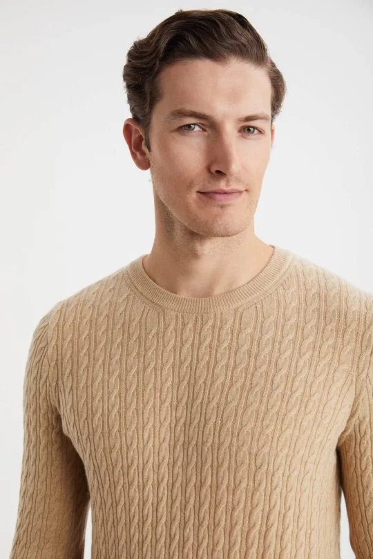 Hemington - Saç Örgü Desenli Lambswool Camel Kazak