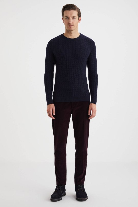 Saç Örgü Desen Lambswool Lacivert Kazak