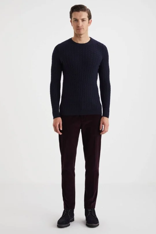 Hemington - Saç Örgü Desen Lambswool Lacivert Kazak (1)