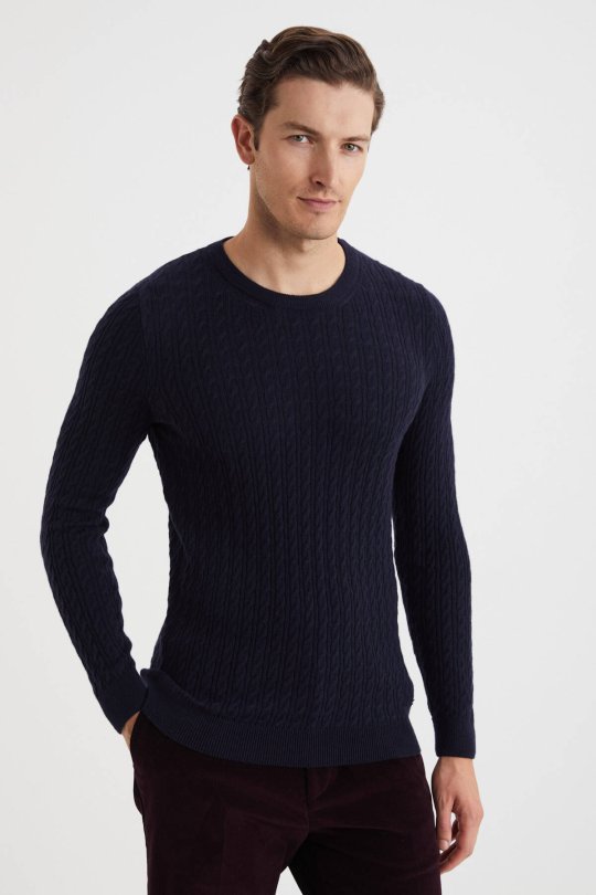 Saç Örgü Desen Lambswool Lacivert Kazak