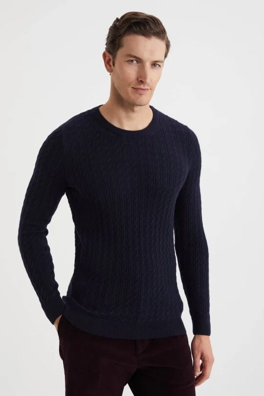 Hemington - Saç Örgü Desen Lambswool Lacivert Kazak (3)