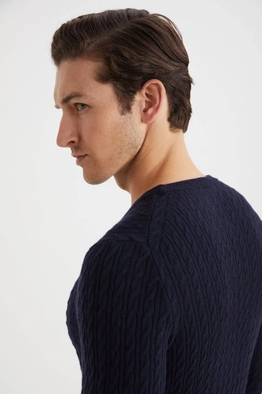 Hemington - Saç Örgü Desen Lambswool Lacivert Kazak (2)