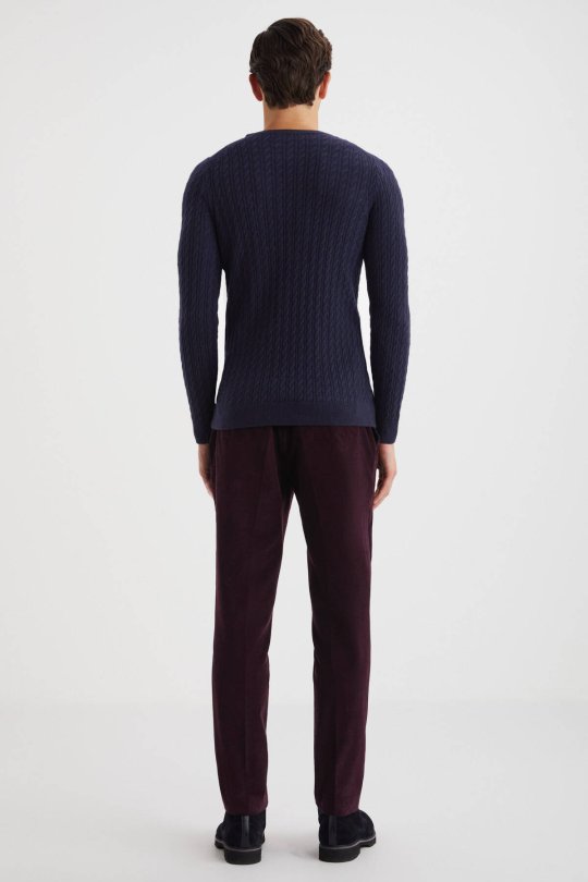 Saç Örgü Desen Lambswool Lacivert Kazak