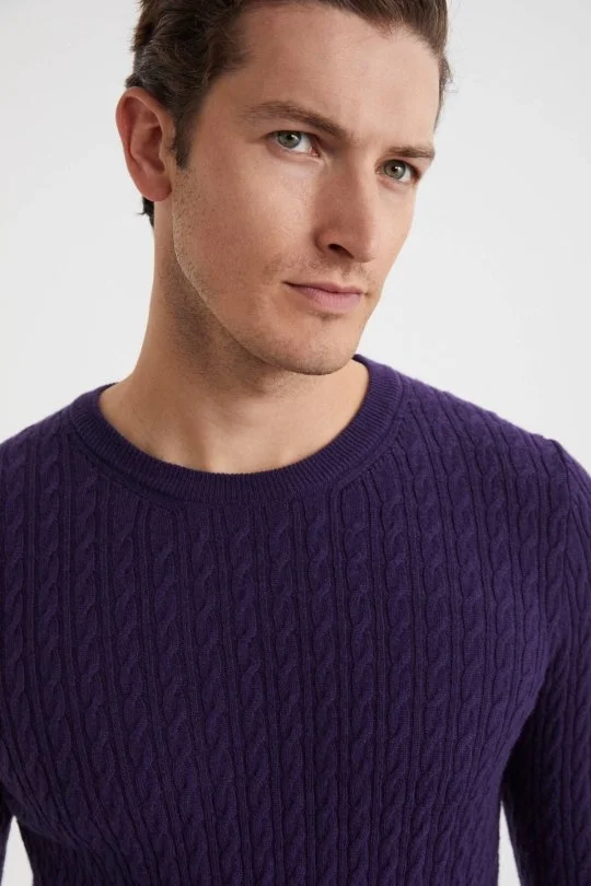 Hemington - Saç Örgü Desen Lambswool Mor Kazak (2)