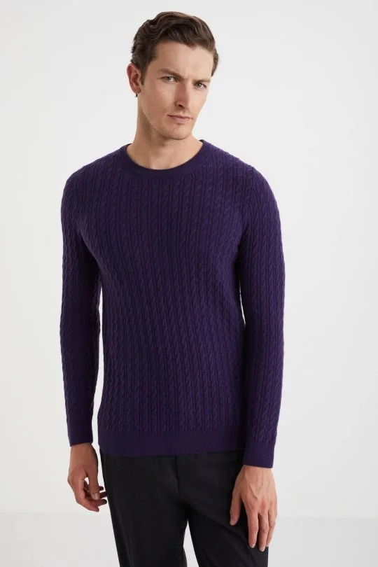 Hemington - Saç Örgü Desen Lambswool Mor Kazak (4)