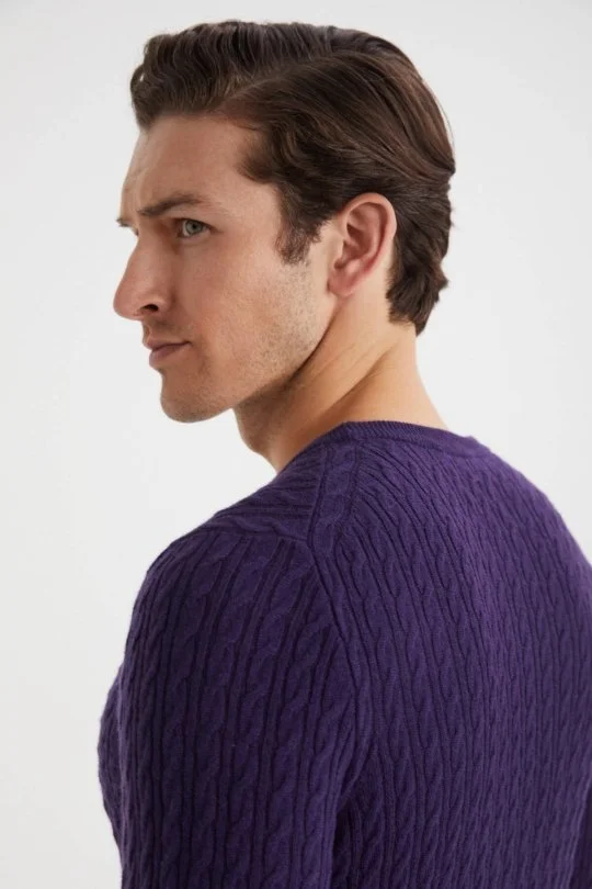 Hemington - Saç Örgü Desen Lambswool Mor Kazak (3)