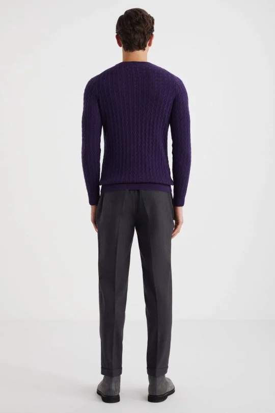 Hemington - Saç Örgü Desen Lambswool Mor Kazak (6)