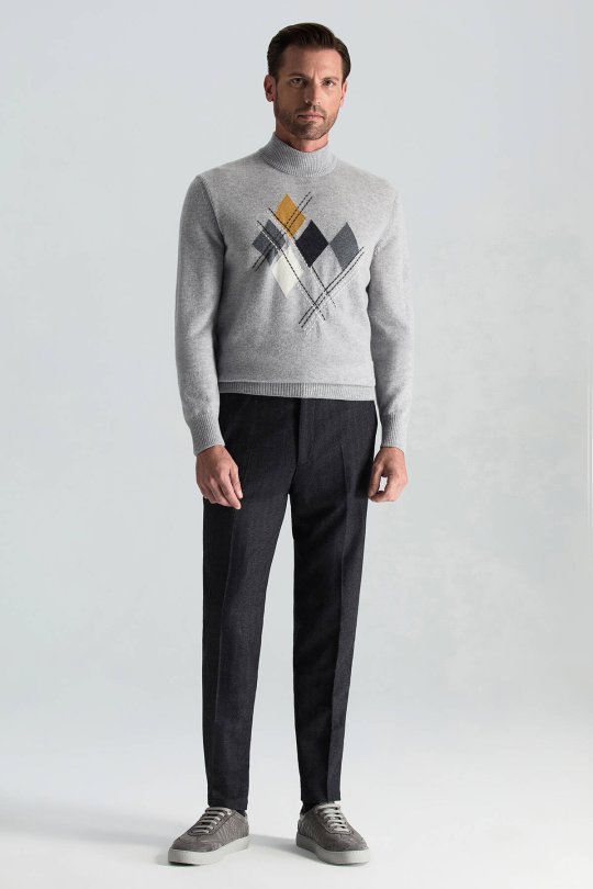 Lambswool Yün Argyle Desenli Lupetto Yaka Açık Gri Kazak