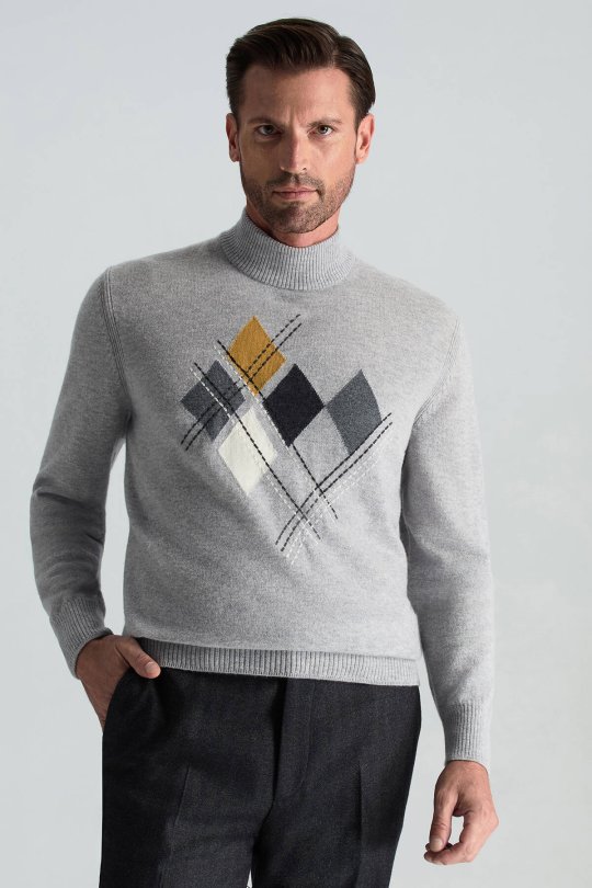 Lambswool Yün Argyle Desenli Lupetto Yaka Açık Gri Kazak