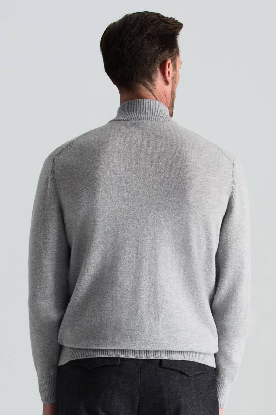 Lambswool Yün Argyle Desenli Lupetto Yaka Açık Gri Kazak