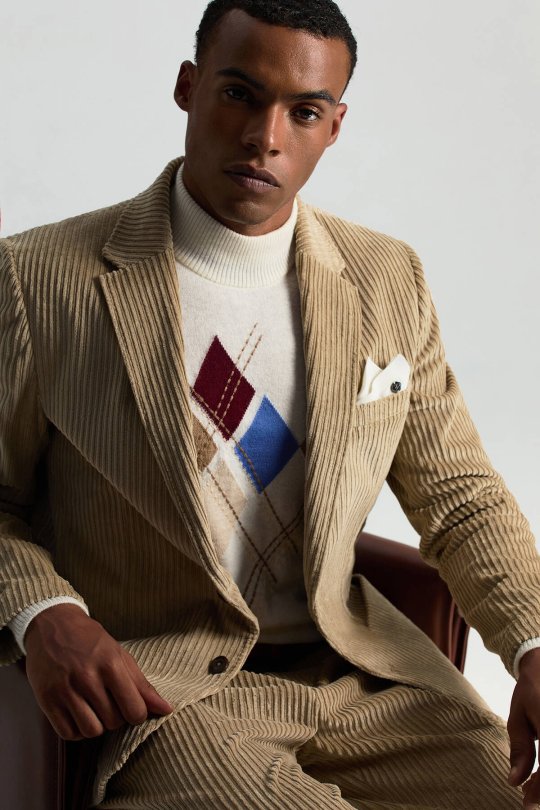 Lambswool Yün Argyle Desenli Lupetto Yaka Ekru Kazak