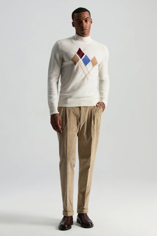 Lambswool Yün Argyle Desenli Lupetto Yaka Ekru Kazak