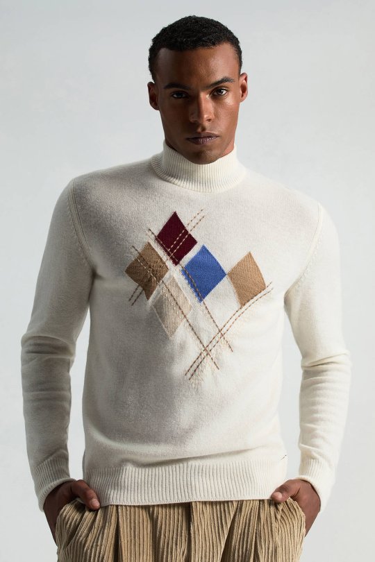 Lambswool Yün Argyle Desenli Lupetto Yaka Ekru Kazak