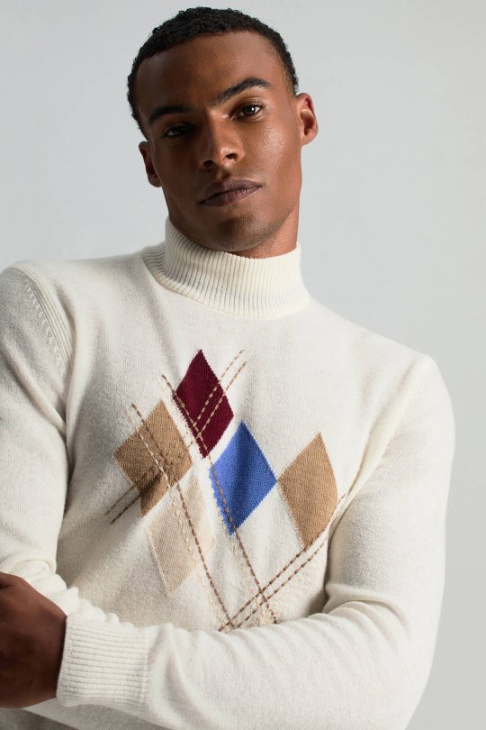 Lambswool Yün Argyle Desenli Lupetto Yaka Ekru Kazak